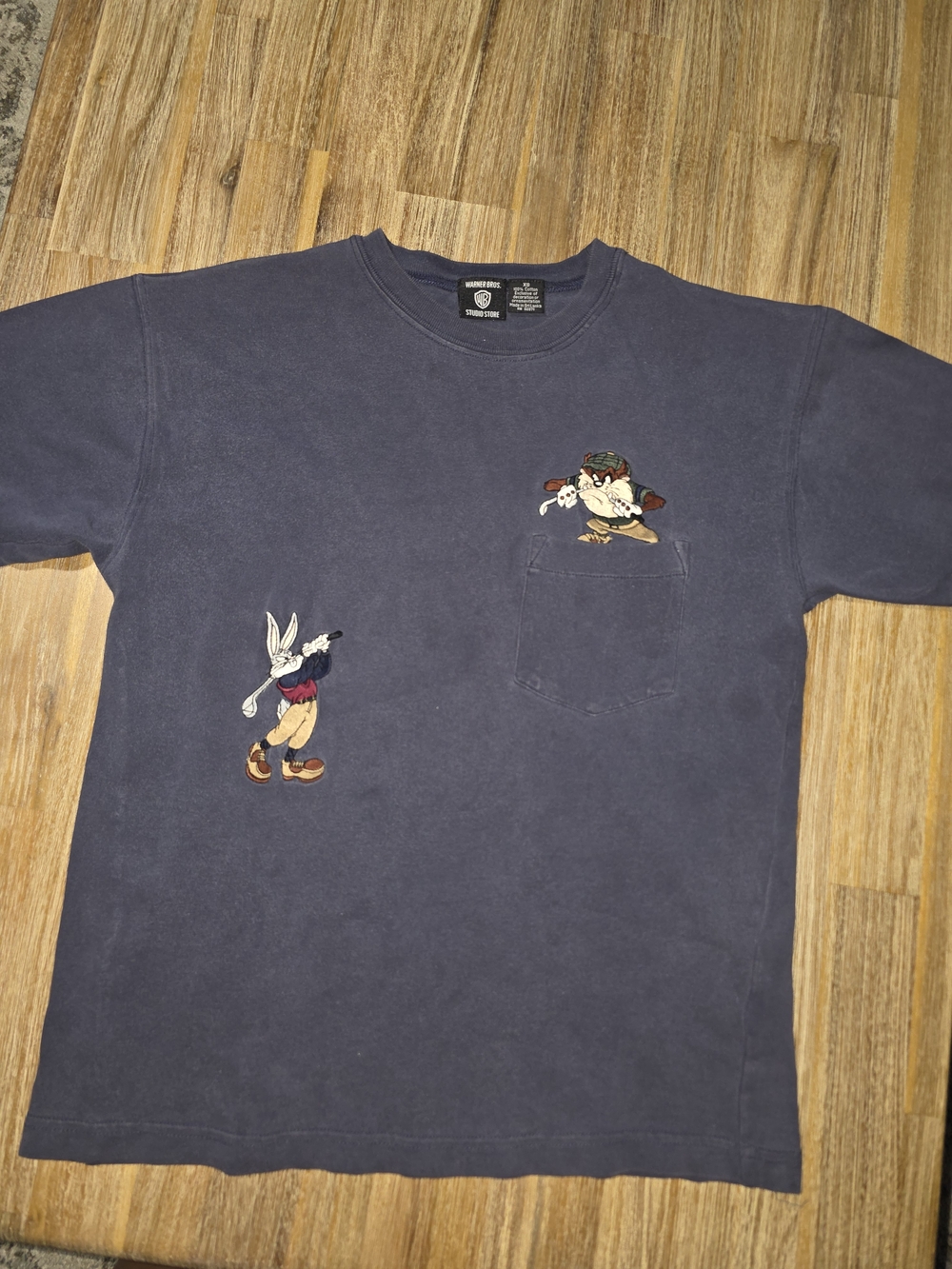 Warner Bros. Navy Short-Sleeve Pocket Tee with Cartoon Embroideries